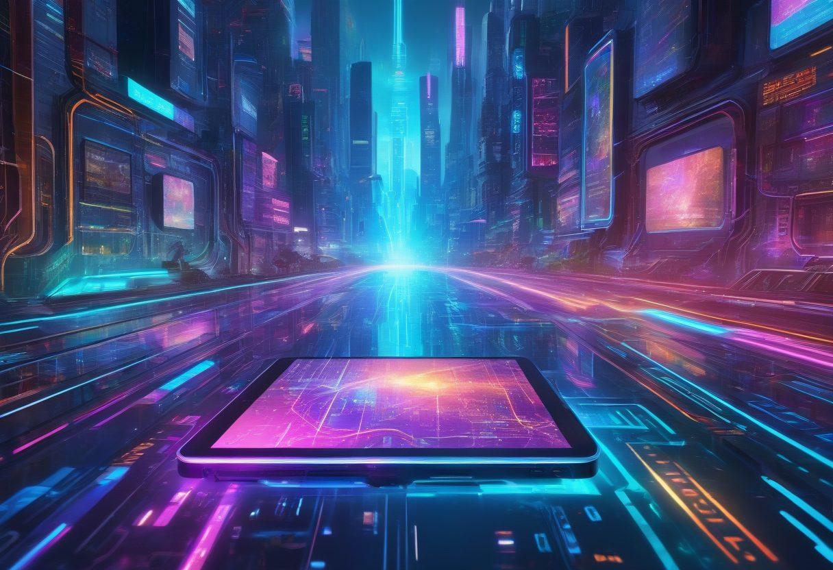 A futuristic digital interface displaying vibrant holographic bookmarks and thumbnails floating around a central futuristic device, symbolizing advanced bookmark management. The background should be a sleek, cybernetic city landscape with glowing circuits. super-realistic. vibrant colors. 3D.